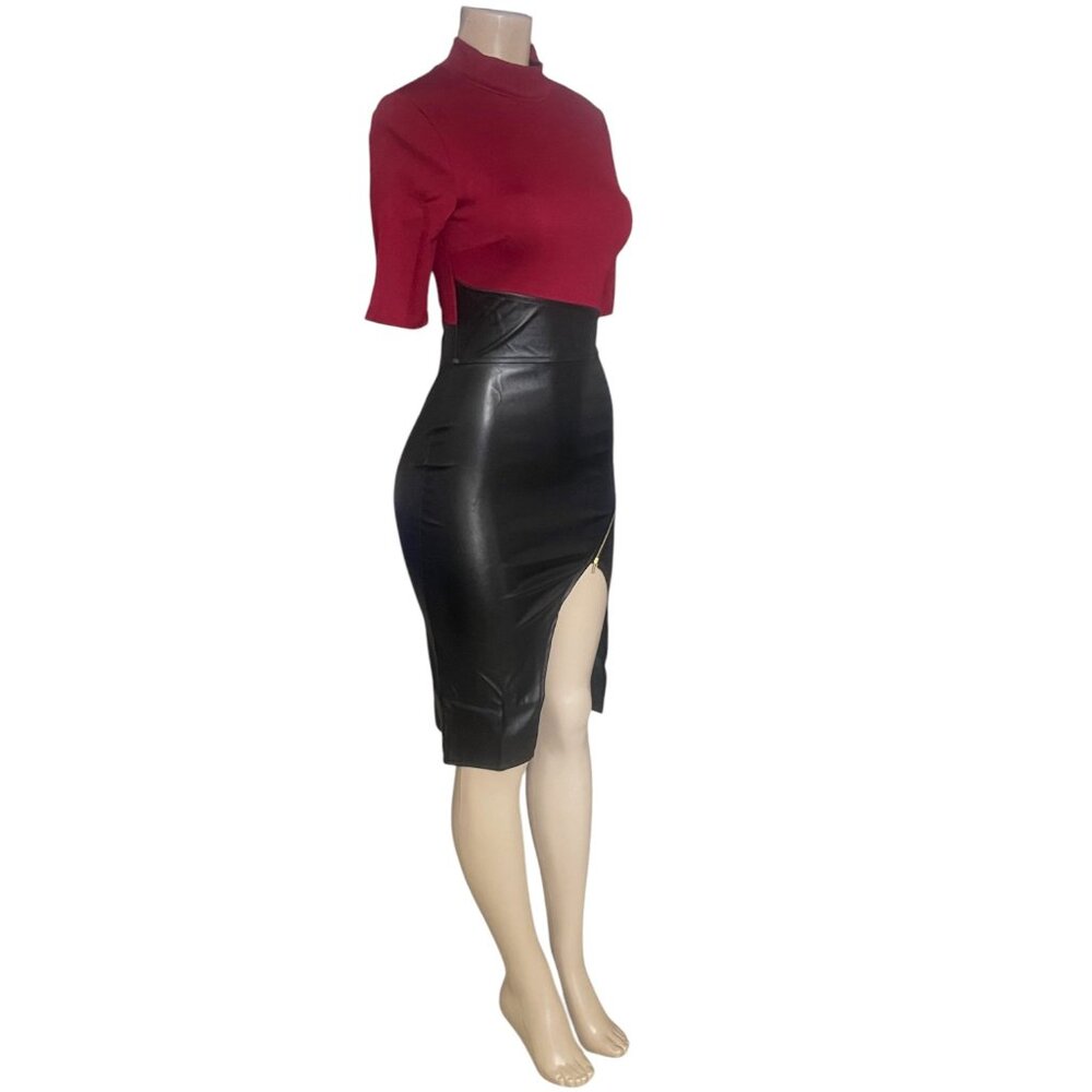 Vijo Couture Two-Tone Mock Neck Leatherette Side Slit Dress – Half Sleeve Size S - Picture 5 of 9